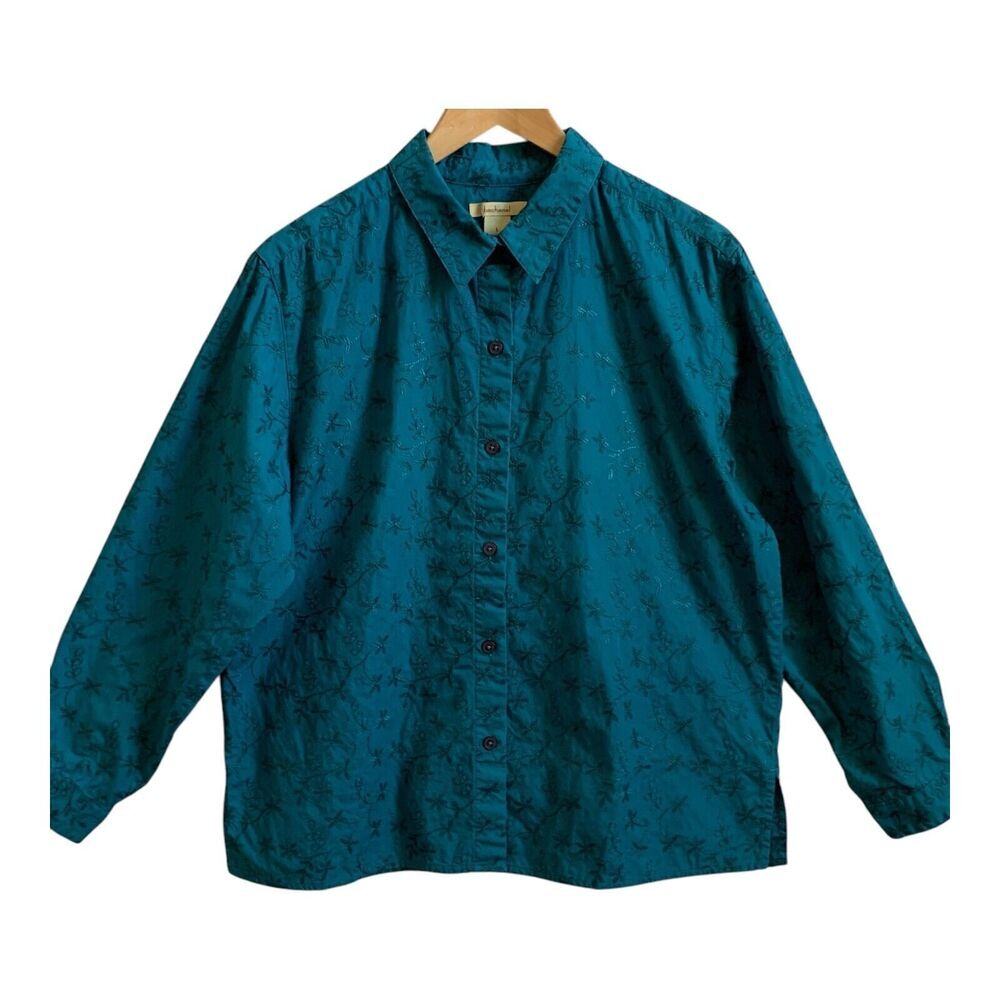 Bechamel Women Button Up Shirt Size LARGE Teal Embroidered Long Sleeve Cotton